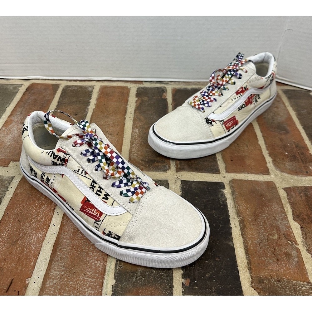 Vans Old Skool White Red Sneakers Packing Tape Design Suede Canvas Shoes Men 9.5